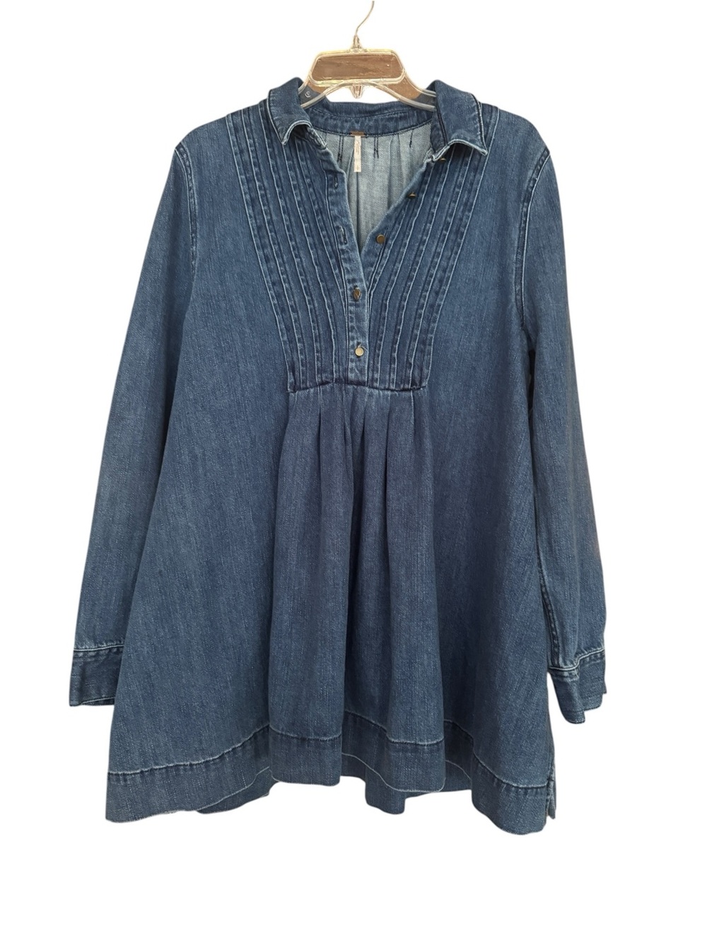 Free People Denim Pintuck Tunic Shirt Dress Women’s Large Blue Cotton